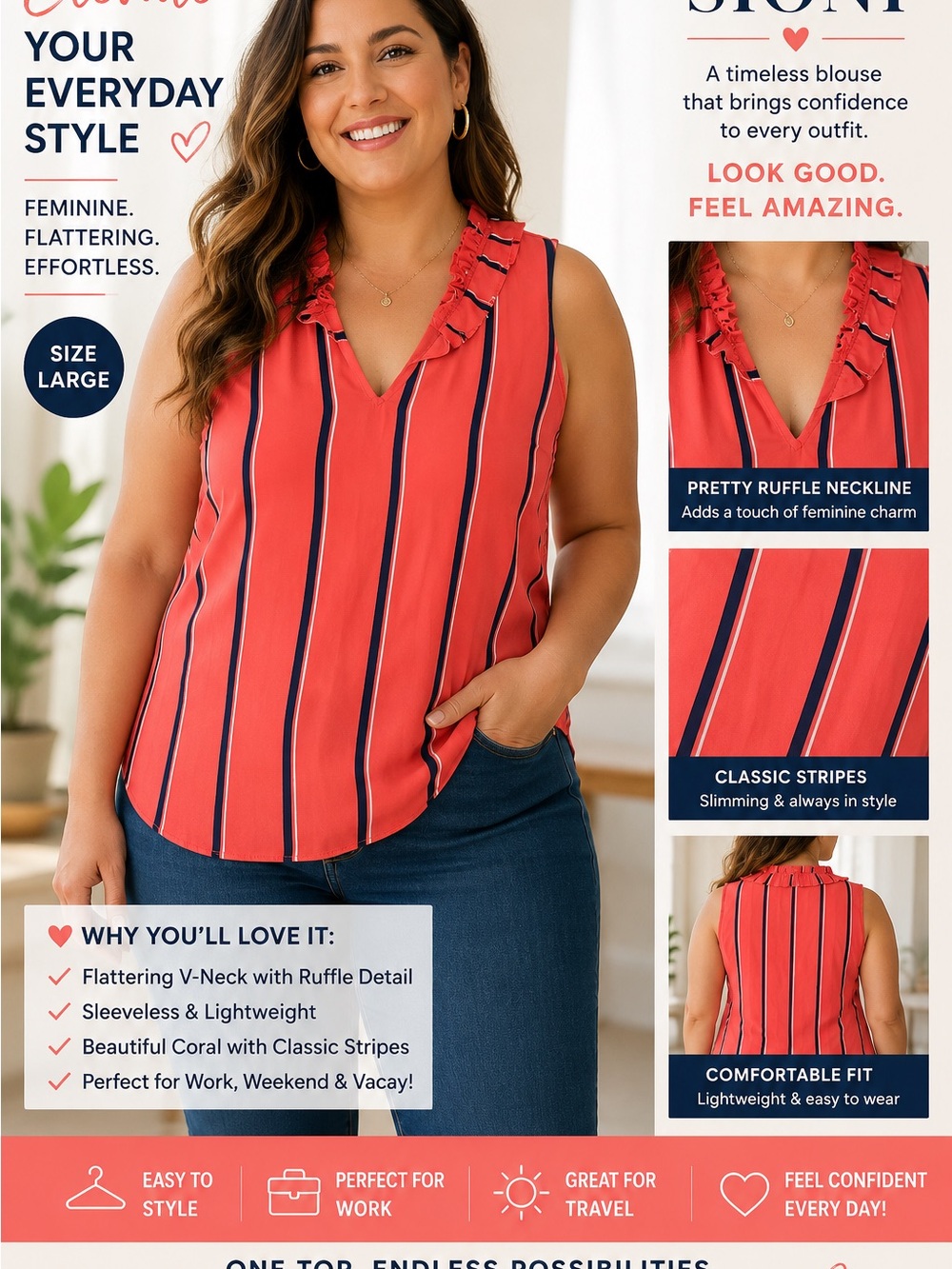 Sioni Coral Striped Ruffle V-Neck Tank